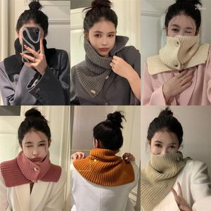 Damenpullover Koreanischer Stil Pullover Strickschal für Frauen Mädchen Herbst Winter Knopf Patchwork Farben Schals Dame Warmer Nackenschutz