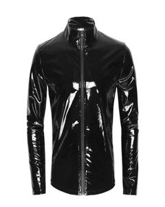 Mens Sexy Glossy PVC Leather Shirt Male Shiny Metallic Patent Jacket Tops Sexi Erotic Shaping Sheath Latex Casual Coat9483021