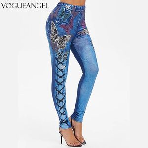 Capris VogueAngel Plus Size Lace Up Print High midje Capri Leggings 2021 New Fashion Women Faux Denim 3D Butterfly Printed Leggings 5xl