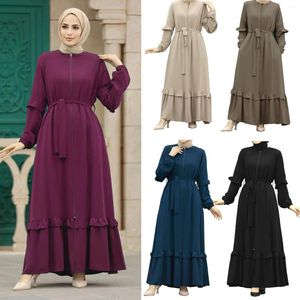 Abbigliamento etnico Le donne del Medio Oriente conservatori vestite con cerniera a colori solidi maniche lunghe maniche lunghe set musulmani ABAYA