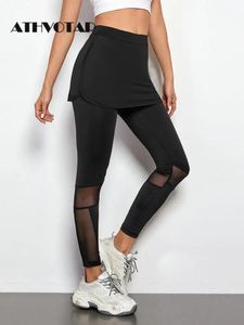 Capris Athvotar Leggingi Mesh Sexy Kobiety Wyglądaj przez Strakę nadwozia Fake dwa kawałki Spódnica Ubranie Klub wysokiej talii