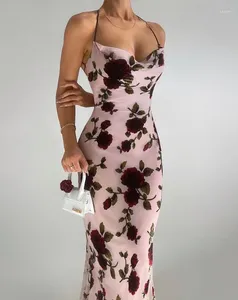Vestidos casuais bodycon para mulheres padrão floral lace-up backless ruched cowl pescoço espaguete cinta sem mangas impressão slim fit maxi vestido