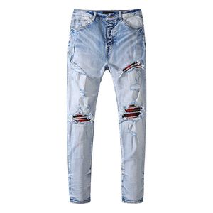 AmirsMen's Jeans summer new high street slim straight tube patch cloth hole elastic jeans men