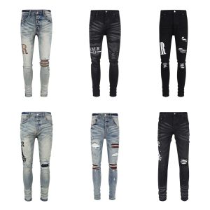 Mens Jeans nödställda motorcykelcyklist Jean Snake Brodery Rock Skinny Slim Ripped Hole Stripe Fashionabla broderi Denim Pants28-40