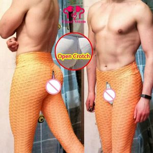 Capris masculino sexy aberto virilha leggings com zíperes escondidos magro apertado sissy crotchless calças mulher grande cintura alta gay push up calcinha