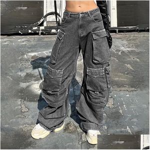 Kvinnors jeans lastbyxa vintage street dog wash baggy jean kläd casual bred ben hög midja kvinnliga byxor 230824 droppleverans app dhyuz