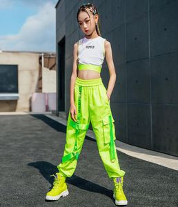 Stage Wear 2022 Hip Hop Dance Ubrania dla dziewcząt Biała kamizelka Fluorescencyjne zielone spodnie Jazz Kostum