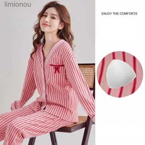 Kadın Uyku Salonu Lüks Marka Pamuk Kıyafetleri Kadınlar Uzun Kollu Hardigan V-Neck Pijama Göğüs Padleri ile Homewear Sets Kaii Giysileri Pijama Pinkl240122