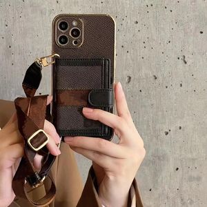 iPhone 15 14 14 Pro Max Designer Thase do Apple 13 12 11 8 Plus luksusowy uchwyt na kartę Crossbody PU kieszonkową zderzak sprzętowe okładki ciemnobrązowe kwiat czarna klapa