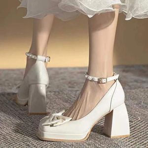 Scarpe eleganti Fiocco Marie Janes Perline Donna Tacchi alti Estate di lusso 2024 Moda Punta quadrata Décolleté robusti Femme Zapatos