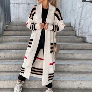 Maglioni da donna Sciarpa Colletto Manica lunga Giacca aperta sul davanti Lavorata a maglia Autunno Inverno Casual Patchwork a righe Cardigan lavorato a maglia a metà polpaccio T240122