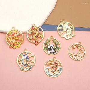 Charms 5pcs Chinese Style Dragon Phoenix Panda Alloy Oil Drop Hollow Out DIY Circular Hang Tag Jewelry Year Accessories