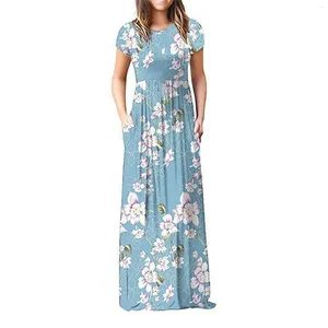 Vestidos de festa praia macio diário férias mulheres vestido tripulação pescoço floral impressão com bolso verão casual férias longas manga curta