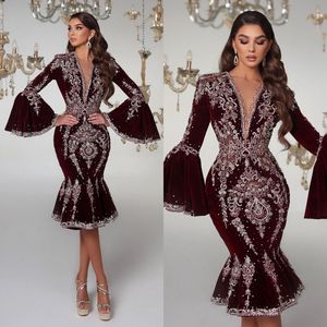 Elegant V Neck Women Formal Evening Dresses Sexy African Short Mermaid Prom Party Gowns Shiny Sequined Celebrity Dress