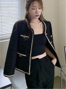 Jaquetas femininas outono retro tweed preto curto casaco coreano moda manga longa único breasted senhoras casual outwear de lã