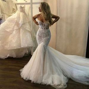 Chic Lace Apliques Vestidos de Noiva Sereia Alças Sem Mangas Senhoras Boho Fishtail Elegante Princesa Vestido De Noiva com Tule Fofo 2024 Sexy Vestido