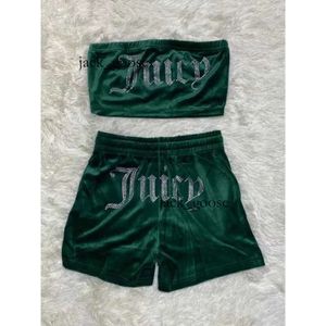 Juicy Zweiteilige Damenhose Juicy Apple Velvet Sexy mit Bohrer, modisches Tube-Crop-Top, lässiges Kordelzug-Shorts-Set, lockerer Trainingsanzug, Juciy-Trainingsanzug 285