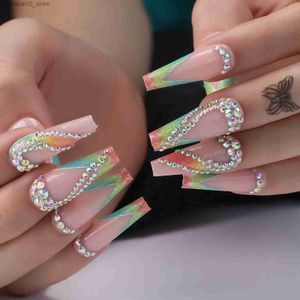 Yanlış Tırnaklar Lüks Kalp Çıplak Pres Çiviler Rhinestones Long Coffin Clear Fake Nails Glitter Rainbow Vorteks Parlak Yanlış Tırnaklar Hediye Kutusu Q240122