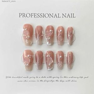 Falska naglar 10st handgjorda tryck på naglar 3D Rose Flower Design Fake Nail Korean Sweet Pink False Nail Patch Full Cover Wearable Design Q240122