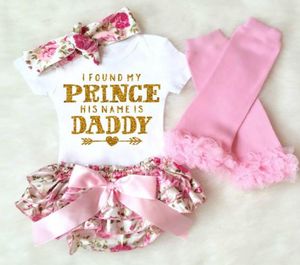 Baby Girl 4pcs kläder sätter spädbarn ins romper blommor shorts och pannband leggings set Jag hittade min prinsessa hans namn är pappa m341916626