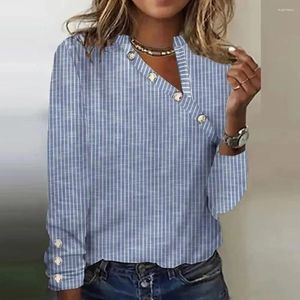 Camicette da donna Camicia in poliestere super morbido Pullover abbottonato a righe chic Top casual morbido di media lunghezza con collo obliquo lungo per la primavera