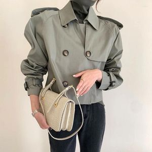 Women's Trench Coats Autumn Retro Lapel Design Loose Windbreaker Women Double Breasted Oversized Long Sleeve Crop Tops Fashion Korean Khaki