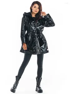 Women's Trench Coats Women Casual Patent Leather Hooded Loose Fashion PVC Long Button Jackets Sleeve Plus Size PU Outwear CustomZ