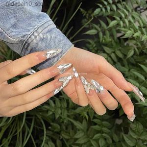 False Nails Bling Rhinestone False Nails Tips Glitter Butterfly Press On Nails French Handmade Long Stiletto Fake Nail With Glue Gift Q240122