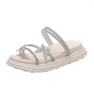 Sandals Shoes Flash Slide Summer Women Slippers Flat Bottom Beach Luxury 2024 Rubber PU Crystal Comfortable Thick Sole