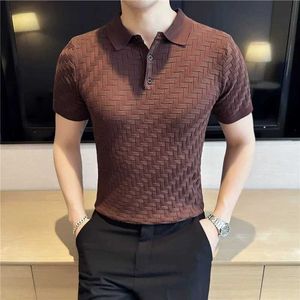 Summer Polo Shirt Mężczyźni 2023 NOWOŚĆ jedwabny jedwabny cienki kraciasty kołnierz polo z krótki rękaw