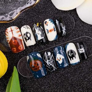 Falska naglar Halloween False Nails Tips Tryck på naglar Black Y2K handgjorda medellängd återanvändbar avtagbar falska fulla omslag naglar med lim Q240122