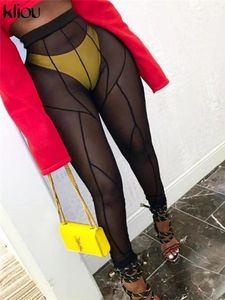 Capris Kliou Mesh See Through Pants Women 2021 Hot Sexy High Waist Patchwork Sheer Leggings Bodyshaping Baddie Style Skinny Trousers