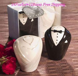 結婚式の好意的な花嫁と花groom塩胡pepperシェーカーは黒い白い贈り物を好む恩恵を受けます。