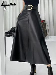 Jackets Seoulish Classic Black Faux PU Leather Long Skirts with Belted 2022 New High Waist Umbrella Skirts Ladies Female Autumn Winter