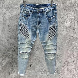 Men's Jeans 2024 Blue High-end Zippered Motorcycle Trendy Pants High Street Stacked Patchwork Jean Slim Fit Denim Skinny