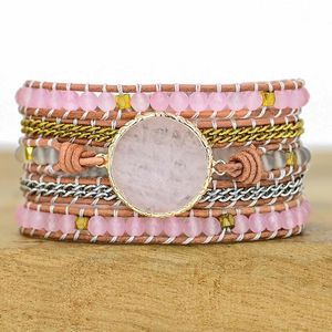 Armband Naturlig flerskiktad rund rosa kristallomslag armband läkande opal pärla meditation inspirerande armband läder wrap gåva