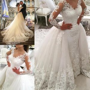 Скромные свадебные платья в стиле кантри-вестерн 2020 со съемным шлейфом и кружевом с длинными рукавами, винтажные свадебные платья больших размеров Vestido de Novia210i