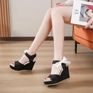 Sandals 2024 Women Fashion Lace Leisure Wedges Heeled Pumps Summer Ladies Party Platform High Heels Shoes Black Beige Plus 35-42