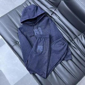Conjunto de suéter Rindu com capuz feminino | Calça de moletom fina e brilhante azul celeste com estampa de letras de manga comprida com capuz e cintura elástica
