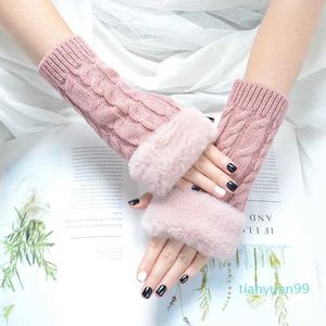 Five Fingers Gloves Autumn Winter Solid Color Students Write Keep Warm Korean Knitting Lady Fingerless Protection Hand Hair Mouth Hemp Gloves Women