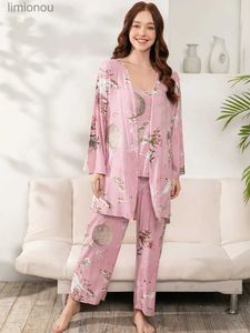 Kadın Uyku Salonu Plus Boyut S-3XL Ladies Pijama Seti 3 PCS% 100 Viskoz Baskılı Kadınlar Konfor Gevşek ev kıyafeti büyük boyutlu femme pijamasl240122