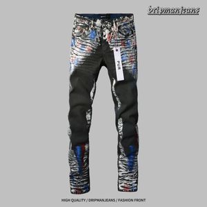 Designer Jeans Men's Purple Denim Pants Denim Trousers Fashion Ink-Splaskade byxor Högkvalitativ rak design Retro Street Casual vattentvättade gamla jeans droppbyxor.