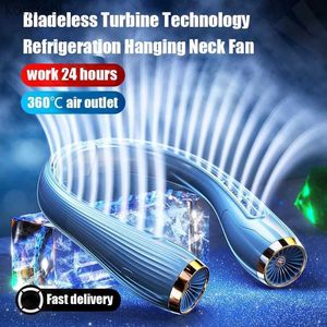 Elektriska fläktar Nya USB Bladeless Hanging Neck Fan 6000/8000mAh Turbo Small Neckband laddningsbart Mute Portable för utomhuselektrisk kylningl240122