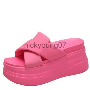 Terlik Kadınlar için Yüksek Platform Terlik Açık Ayak Parmağı Deri Kama Tıknaz Sandalet Yeni 2023 Yaz Kalın Alt Bottomu Plaj Flip Flops 9cm J240122