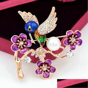 Pins Brooches Fantastic Gold Tone Alloy Fancy Color Enamel Lovely Bird And Tree Brooch Detailed Women Clothes Jewelry Accessories For Dh4Xu