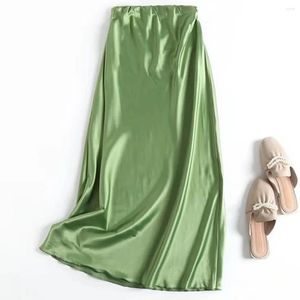 Röcke Welken Sommer England Stil Mode Satin Grün Farbe Hohe Taille Sammeln Lange Rock Gerade Party Maxi Frauen