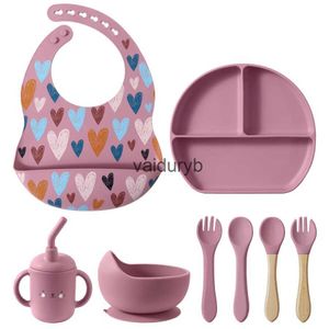 Tazze Piatti Utensili 4/5/8 pezzi Set alimentazione bambino in silicone BPA Aspirazione gratuita Ciotola Piatti per alimenti Piatto Cucchiaio Forchetta Tazza Bavaglini impermeabili ldren Stoviglievaiduryb