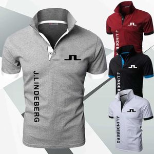 Herr golfpolo hals stickad sportpolos skjorta j lindeberg andningsbar kort hylsa t-shirt utomhus tröja män affärskläder