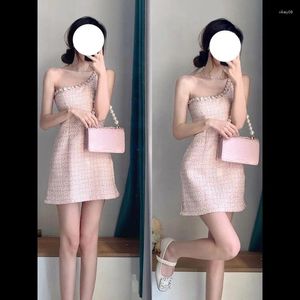 Casual Dresses Korean Fashion Small Fragrant Style Oblique Neck Dress Women's Waist Slim And Pure Desire Light Luxury A-line Trend