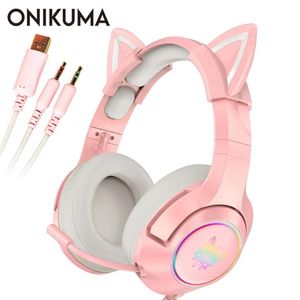 Hörlurar Pink Cat Ear Headset Girls Casque Wired Stereo Gaming hörlurar med MIC LED -ljus för bärbar dator/ PS4/ Xbox One -kontroller